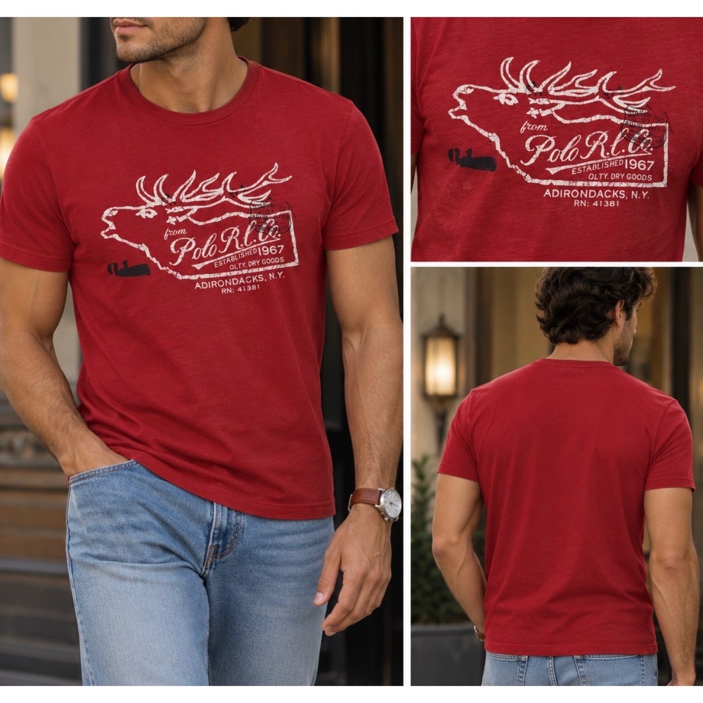 Polo Ralph Lauren Mens Red Adirondacks Elk Graphic T-Shirt Small RN 41381